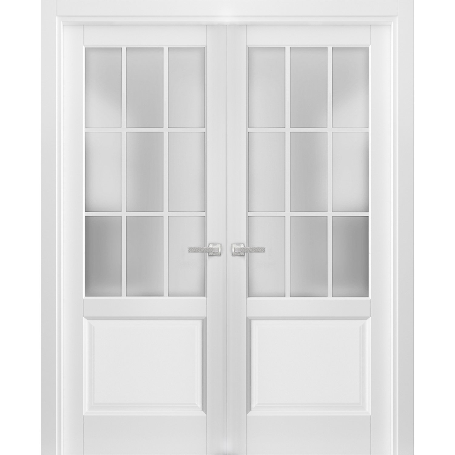 Solid French Double Doors Frosted Glass 9 Lites | Felicia 3309 Matte White | Single Regural Panel Frame Trims | Bathroom Bedroom Sturdy Doors 