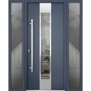 Front Exterior Prehung Steel Door / Deux 5755 Gray Graphite / 2 Sidelight Exterior Windows / Stainless Inserts Single Modern Painted-W12+36+12" x H80"-Right-hand Inswing