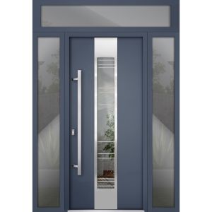 Front Exterior Prehung Steel Door / Deux 5755 Gray Graphite / 2 Sidelight and Transom Window / Stainless Inserts Single Modern Painted-W12+36+12" x H80+16"-Right-hand Inswing
