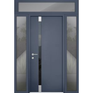 Front Exterior Prehung Steel Door / Cynex 6777 Grey / 2 Sidelight and Transom Window / Stainless Inserts Single Modern Painted-W12+36+12" x H80+16"-Right-hand Inswing