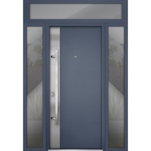 Front Exterior Prehung Steel Door / Deux 0729 Gray Graphite / 2 Sidelight and Transom Window / Stainless Inserts Single Modern Painted-W12+36+12" x H80+16"-Right-hand Inswing