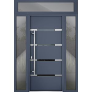 Front Exterior Prehung Steel Door / Deux 1105 Gray Graphite / 2 Sidelight and Transom Window / Stainless Inserts Single Modern Painted-W12+36+12" x H80+16"-Right-hand Inswing