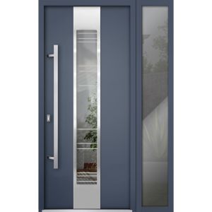 Front Exterior Prehung Steel Door / Deux 5755 Gray Graphite / Sidelight Exterior Window /  Stainless Inserts Single Modern Painted-W36+12" x H80"-Right-hand Inswing