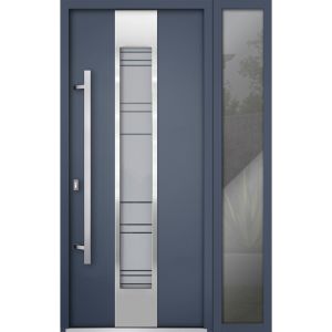 Front Exterior Prehung Steel Door / Deux 0757 Gray Graphite / Sidelight Exterior Window /  Stainless Inserts Single Modern Painted-W36+12" x H80"-Right-hand Inswing