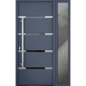 Front Exterior Prehung Steel Door / Deux 1105 Gray Graphite / Sidelight Exterior Window /  Stainless Inserts Single Modern Painted-W36+12" x H80"-Right-hand Inswing