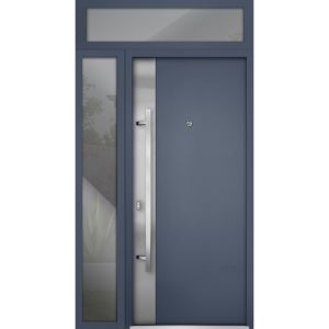 Front Exterior Prehung Steel Door / Deux 0729 Gray Graphite / Sidelight and Transom Window / Stainless Inserts Single Modern Painted-W36+12" x H80+16"-Right-hand Inswing