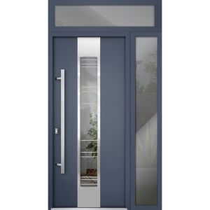 Front Exterior Prehung Steel Door / Deux 5755 Gray Graphite / Sidelight and Transom Window / Stainless Inserts Single Modern Painted-W36+12" x H80+16"-Right-hand Inswing