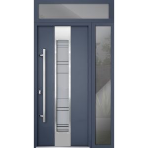 Front Exterior Prehung Steel Door / Deux 0757 Gray Graphite / Sidelight and Transom Window / Stainless Inserts Single Modern Painted-W36+12" x H80+16"-Right-hand Inswing