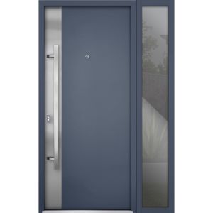 Front Exterior Prehung Steel Door / Deux 0729 Gray Graphite / Sidelight Exterior Window /  Stainless Inserts Single Modern Painted-W36+12" x H80"-Right-hand Inswing