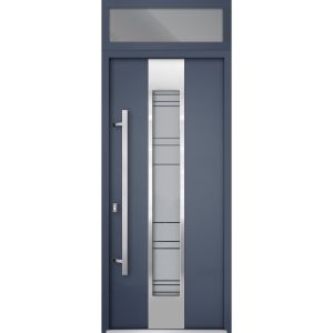 Front Exterior Prehung Steel Door / Deux 0757 Gray Graphite / Transom Window / Stainless Inserts Single Modern Painted-W36" x H80+16"-Right-hand Inswing