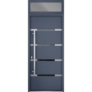 Front Exterior Prehung Steel Door / Deux 1105 Gray Graphite / Transom Window / Stainless Inserts Single Modern Painted-W36" x H80+16"-Right-hand Inswing