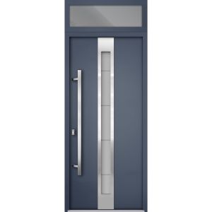 Front Exterior Prehung Steel Door / Deux 1717 Gray Graphite / Transom Window / Stainless Inserts Single Modern Painted-W36" x H80+16"-Right-hand Inswing