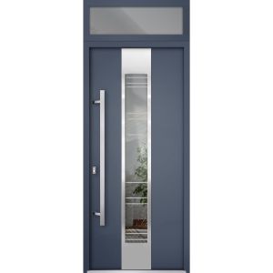 Front Exterior Prehung Steel Door / Deux 5755 Gray Graphite / Transom Window / Stainless Inserts Single Modern Painted-W36" x H80+16"-Right-hand Inswing
