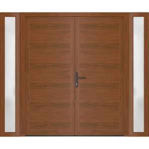 Front Exterior Prehung Metal-Plastic Double Doors / MANUX 8111 Walnut / 2 Sidelites Exterior WindoWLN / Office Commercial and Residential Doors Entrance Patio Garage 96" x 80" Right-Hand