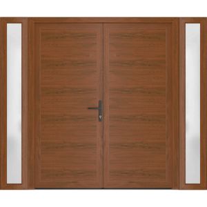 Front Exterior Prehung Metal-Plastic Double Doors / MANUX 8111 Walnut / 2 Sidelites Exterior WindoWLN / Office Commercial and Residential Doors Entrance Patio Garage 96" x 80" Left-Hand