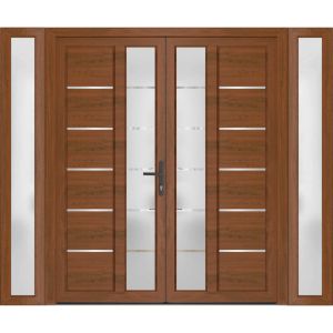 Front Exterior Prehung Metal-Plastic Double Doors / MANUX 8088 Walnut / 2 Sidelites Exterior WindoWLN / Office Commercial and Residential Doors Entrance Patio Garage 96" x 80" Left-Hand