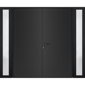 Front Exterior Prehung Metal-Plastic Double Doors / MANUX 8111 Matte Black / 2 Sidelites Exterior Windows / Office Commercial and Residential Doors Entrance Patio Garage 96" x 80" Right-Hand