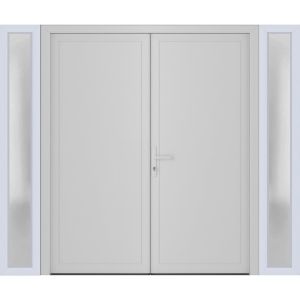 Front Exterior Prehung Metal-Plastic Double Doors / MANUX 8111 White Silk / 2 Sidelites Exterior Windows / Office Commercial and Residential Doors Entrance Patio Garage 96" x 80" Right-Hand