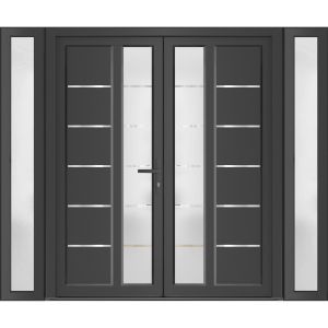 Front Exterior Prehung Metal-Plastic Double Doors / MANUX 8088 Antracite / 2 Sidelites Exterior WindoANT / Office Commercial and Residential Doors Entrance Patio Garage 96" x 80" Left-Hand