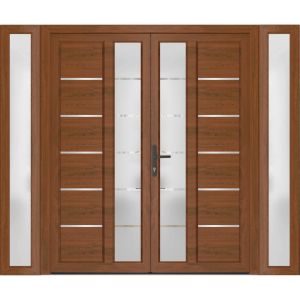 Front Exterior Prehung Metal-Plastic Double Doors / MANUX 8088 Walnut / 2 Sidelites Exterior WindoWLN / Office Commercial and Residential Doors Entrance Patio Garage 96" x 80" Right-Hand