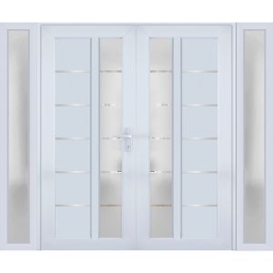 Front Exterior Prehung Metal-Plastic Double Doors / MANUX 8088 White Silk / 2 Sidelites Exterior Windows / Office Commercial and Residential Doors Entrance Patio Garage 96" x 80" Left-Hand