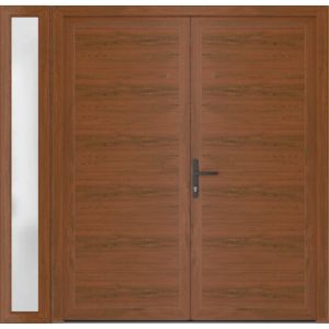 Front Exterior Prehung Metal-Plastic Double Doors / MANUX 8111 Walnut / Sidelite Exterior Window / Office Commercial and Residential Doors Entrance Patio Garage 84" x 80" Right-Hand