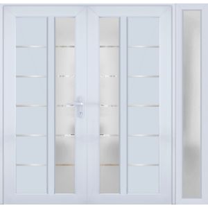 Front Exterior Prehung Metal-Plastic Double Doors / MANUX 8088 White Silk / Sidelite Exterior Window / Office Commercial and Residential Doors Entrance Patio Garage 84" x 80" Left-Hand