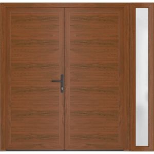 Front Exterior Prehung Metal-Plastic Double Doors / MANUX 8111 Walnut / Sidelite Exterior Window / Office Commercial and Residential Doors Entrance Patio Garage 84" x 80" Left-Hand