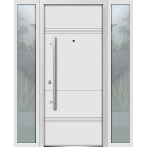 Front Exterior Prehung Steel Door / Deux 1705 White Enamel / 2 Sidelight Exterior Black Windows / Stainless Inserts Single Modern Painted-W12+36+12" x H80"-Right-hand Inswing