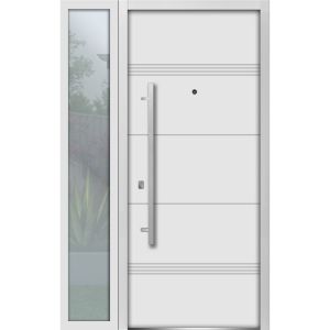 Front Exterior Prehung Steel Door / Deux 1705 White Enamel / Sidelight Exterior Black Window /  Stainless Inserts Single Modern Painted-W36+12" x H80"-Right-hand Inswing