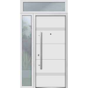 Front Exterior Prehung Steel Door / Deux 1705 White Enamel / Sidelight and Transom Black Window / Stainless Inserts Single Modern Painted-W36+12" x H80+16"-Right-hand Inswing