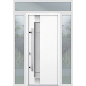 Front Exterior Prehung Steel Door / Deux 1713 White Enamel / 2 Sidelight and Transom Black Window / Stainless Inserts Single Modern Painted-W12+36+12" x H80+16"-Right-hand Inswing