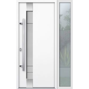 Front Exterior Prehung Steel Door / Deux 1713 White Enamel / Sidelight Exterior Black Window /  Stainless Inserts Single Modern Painted-W36+12" x H80"-Right-hand Inswing