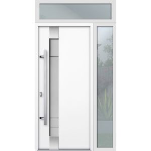 Front Exterior Prehung Steel Door / Deux 1713 White Enamel / Sidelight and Transom Black Window / Stainless Inserts Single Modern Painted-W36+12" x H80+16"-Right-hand Inswing