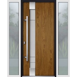 Front Exterior Prehung Steel Door / Deux 1713 Natural Oak / 2 Sidelight Exterior White Windows / Stainless Inserts Single Modern Painted-W12+36+12" x H80"-Right-hand Inswing