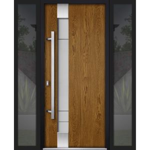 Front Exterior Prehung Steel Door / Deux 1713 Natural Oak / 2 Sidelight Exterior Black Windows / Stainless Inserts Single Modern Painted-W12+36+12" x H80"-Right-hand Inswing