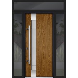 Front Exterior Prehung Steel Door / Deux 1713 Natural Oak / 2 Sidelight and Transom Black Window / Stainless Inserts Single Modern Painted-W12+36+12" x H80+16"-Right-hand Inswing