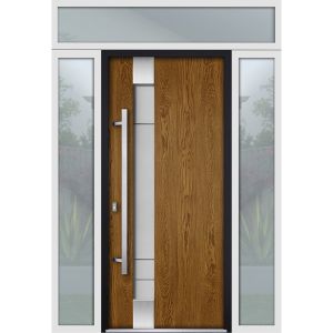 Front Exterior Prehung Steel Door / Deux 1713 Natural Oak / 2 Sidelight and Transom White Window / Stainless Inserts Single Modern Painted-W12+36+12" x H80+16"-Right-hand Inswing