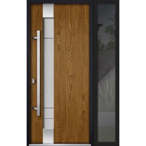Front Exterior Prehung Steel Door / Deux 1713 Natural Oak / Sidelight Exterior Black Window /  Stainless Inserts Single Modern Painted-W36+12" x H80"-Right-hand Inswing