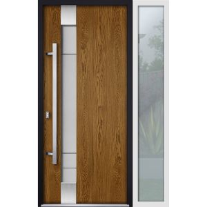 Front Exterior Prehung Steel Door / Deux 1713 Natural Oak / Sidelight Exterior White Window /  Stainless Inserts Single Modern Painted-W36+12" x H80"-Right-hand Inswing