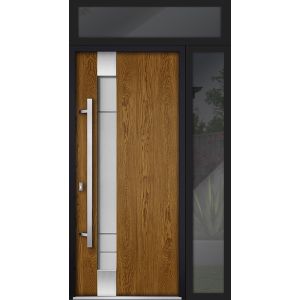 Front Exterior Prehung Steel Door / Deux 1713 Natural Oak / Sidelight and Transom Black Window / Stainless Inserts Single Modern Painted-W36+12" x H80+16"-Right-hand Inswing