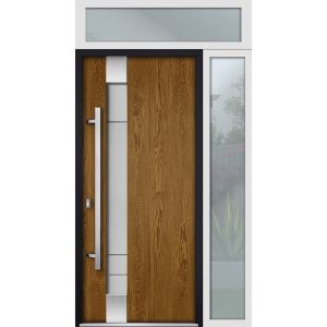 Front Exterior Prehung Steel Door / Deux 1713 Natural Oak / Sidelight and Transom White Window / Stainless Inserts Single Modern Painted-W36+12" x H80+16"-Right-hand Inswing