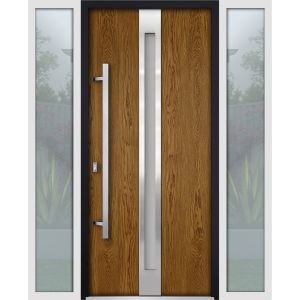Front Exterior Prehung Steel Door / Deux 1744 Natural Oak / 2 Sidelight Exterior White Windows / Stainless Inserts Single Modern Painted-W12+36+12" x H80"-Right-hand Inswing