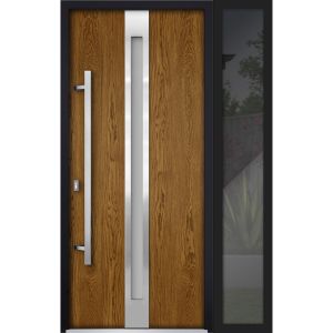 Front Exterior Prehung Steel Door / Deux 1744 Natural Oak / Sidelight Exterior Black Window /  Stainless Inserts Single Modern Painted-W36+12" x H80"-Right-hand Inswing