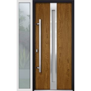Front Exterior Prehung Steel Door / Deux 1744 Natural Oak / Sidelight Exterior White Window /  Stainless Inserts Single Modern Painted-W36+12" x H80"-Right-hand Inswing
