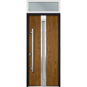 Front Exterior Prehung Steel Door / Deux 1744 Natural Oak / Transom White Window / Stainless Inserts Single Modern Painted-W36" x H80+16"-Right-hand Inswing
