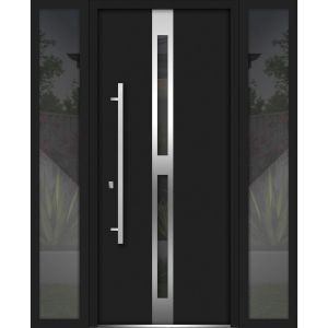 Front Exterior Prehung Steel Door / Deux 1755 Black Enamel / 2 Sidelight Exterior Windows / Stainless Inserts Single Modern Painted-W12+36+12" x H80"-Right-hand Inswing
