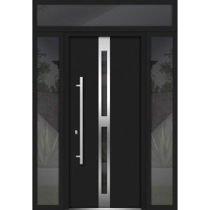 Front Exterior Prehung Steel Door / Deux 1755 Black Enamel / 2 Sidelight and Transom Window / Stainless Inserts Single Modern Painted-W12+36+12" x H80+16"-Right-hand Inswing