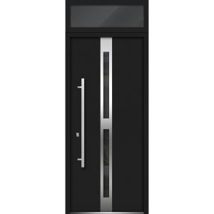 Front Exterior Prehung Steel Door / Deux 1755 Black Enamel / Transom Window / Stainless Inserts Single Modern Painted-W36" x H80+16"-Right-hand Inswing