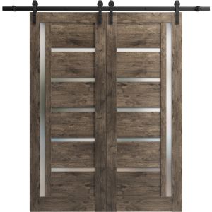 Sturdy Double Barn Door | Quadro 4088 Cognac Oak with Frosted Glass | 13FT Rail Hangers Heavy Set | Solid Panel Interior Doors